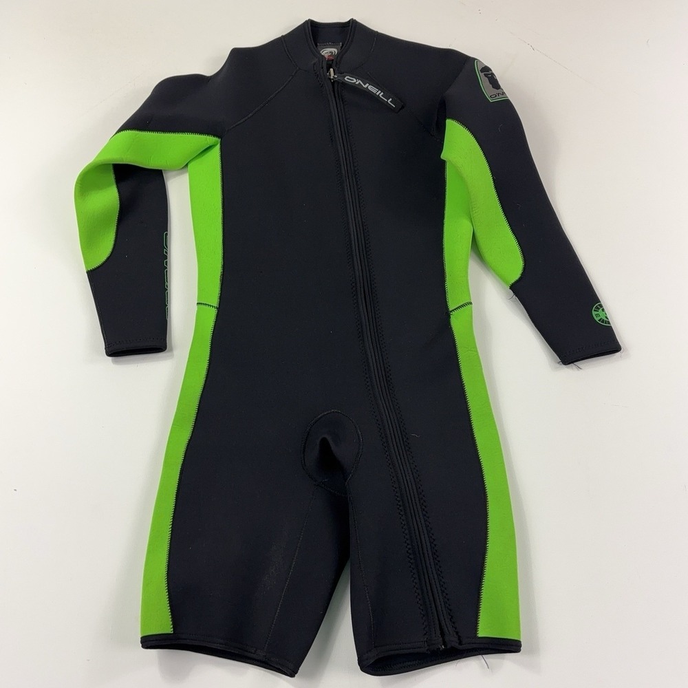 O'Neill Wetsuit Youth Large Black Green Front Zip Long Sleeve Shorty Surf